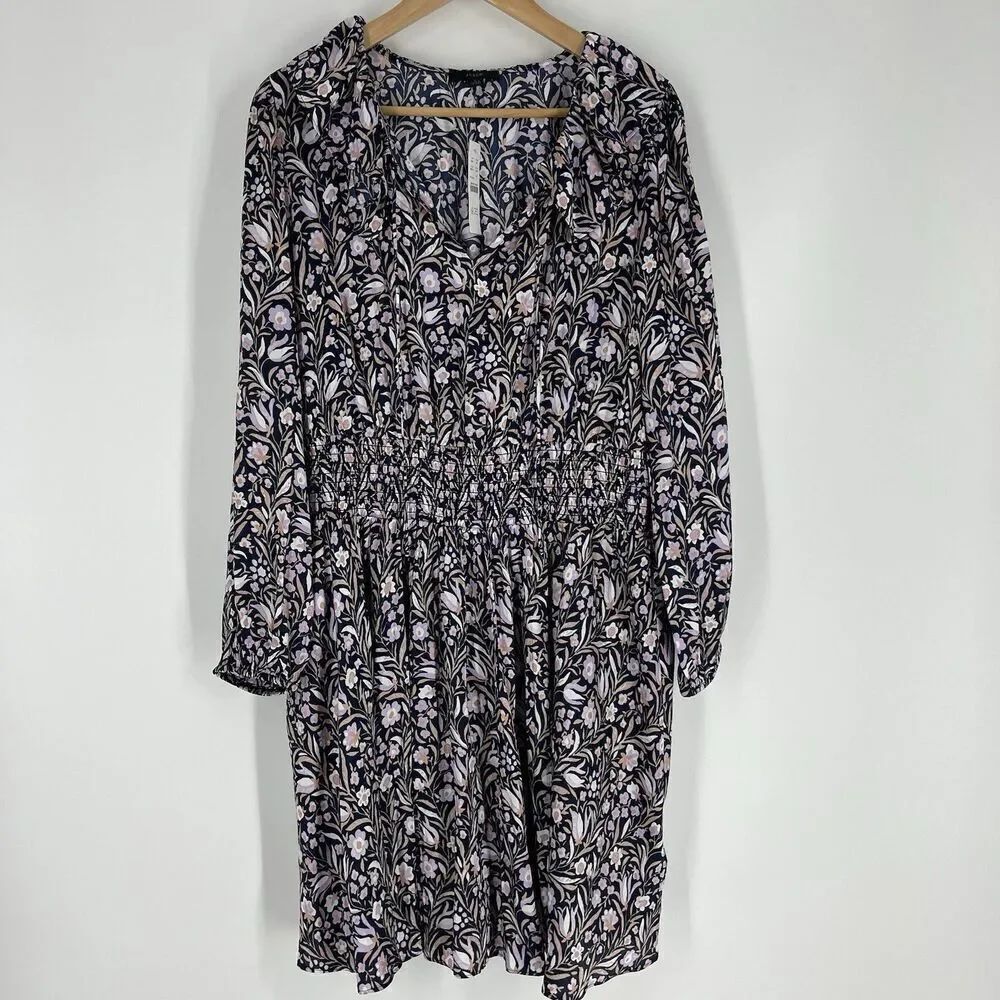 J Crew Dress Size Large Navy Purple Smocked Waist Floral Fields Mini V Neck